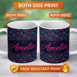 Personalized Custom Name Cyberpunk Circuit Style Geometric Pattern Teal and Magenta Seamless 11oz Ceramic Coffee Tea Mug White Large Handle