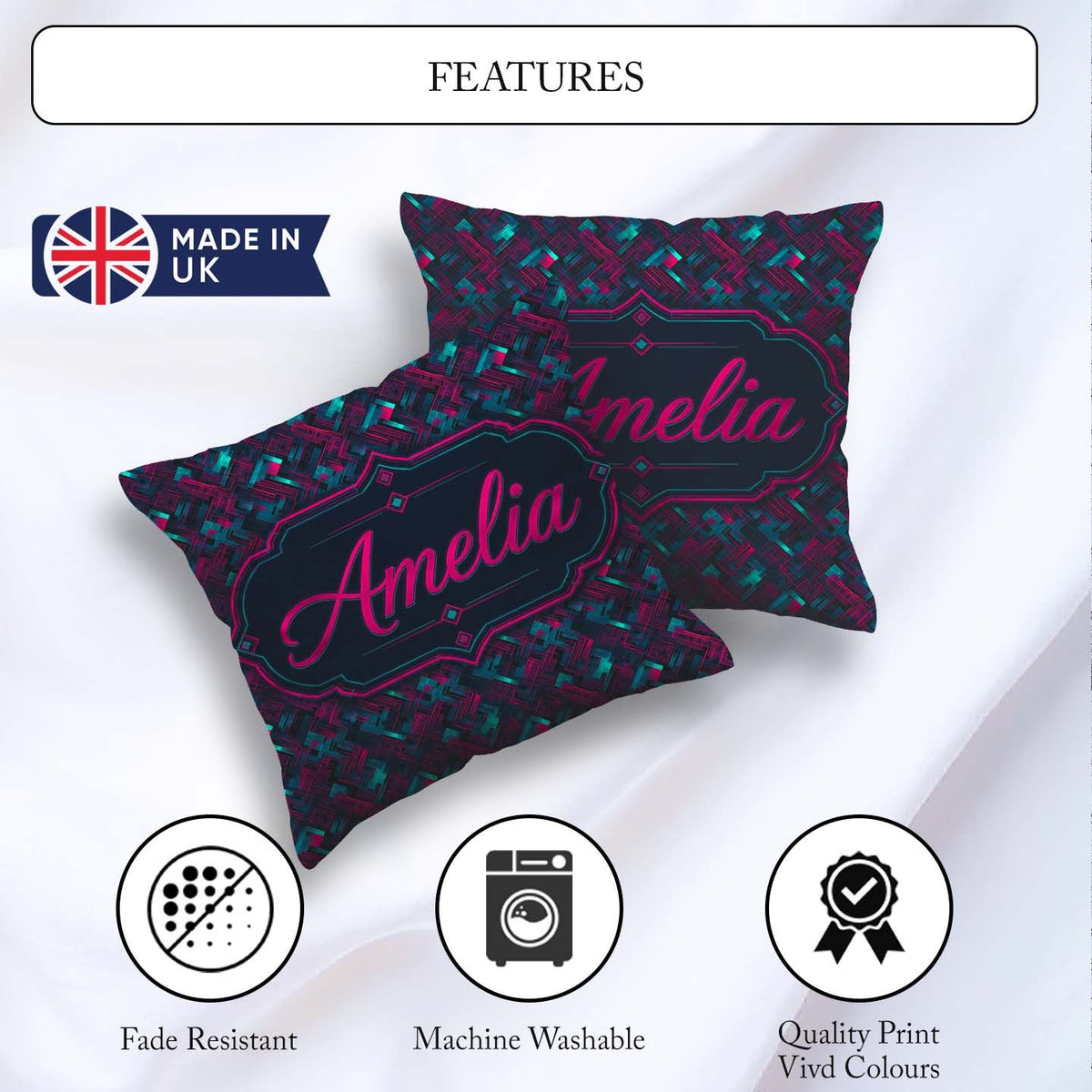 Custom Name Cyberpunk Circuit Geometric Pattern Teal and Magenta Square Filled Cushion Throw Pillow Sofa Bed Home Decor Zip Washable UK Made