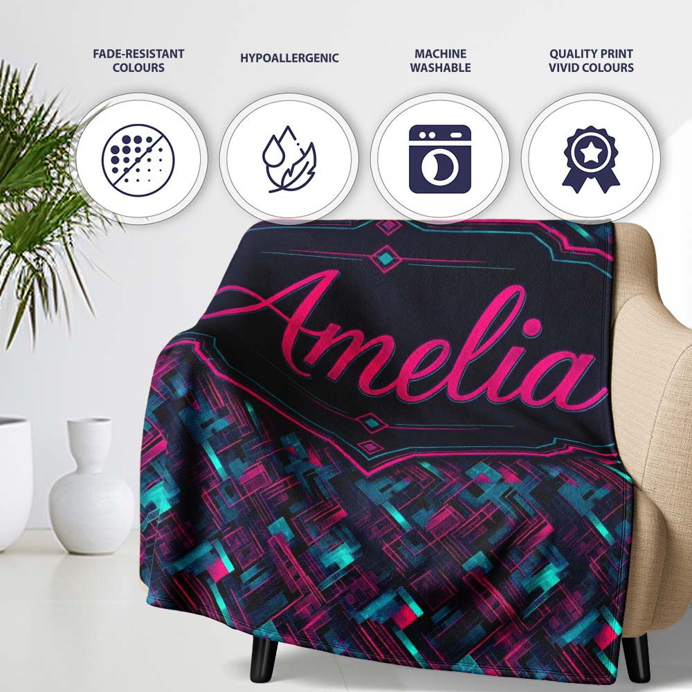 Cyberpunk Circuit Style Geometric Pattern Teal and Magenta Seamless  Personalised Custom Name Super Soft Fleece Blanket Bed Sofa Throw