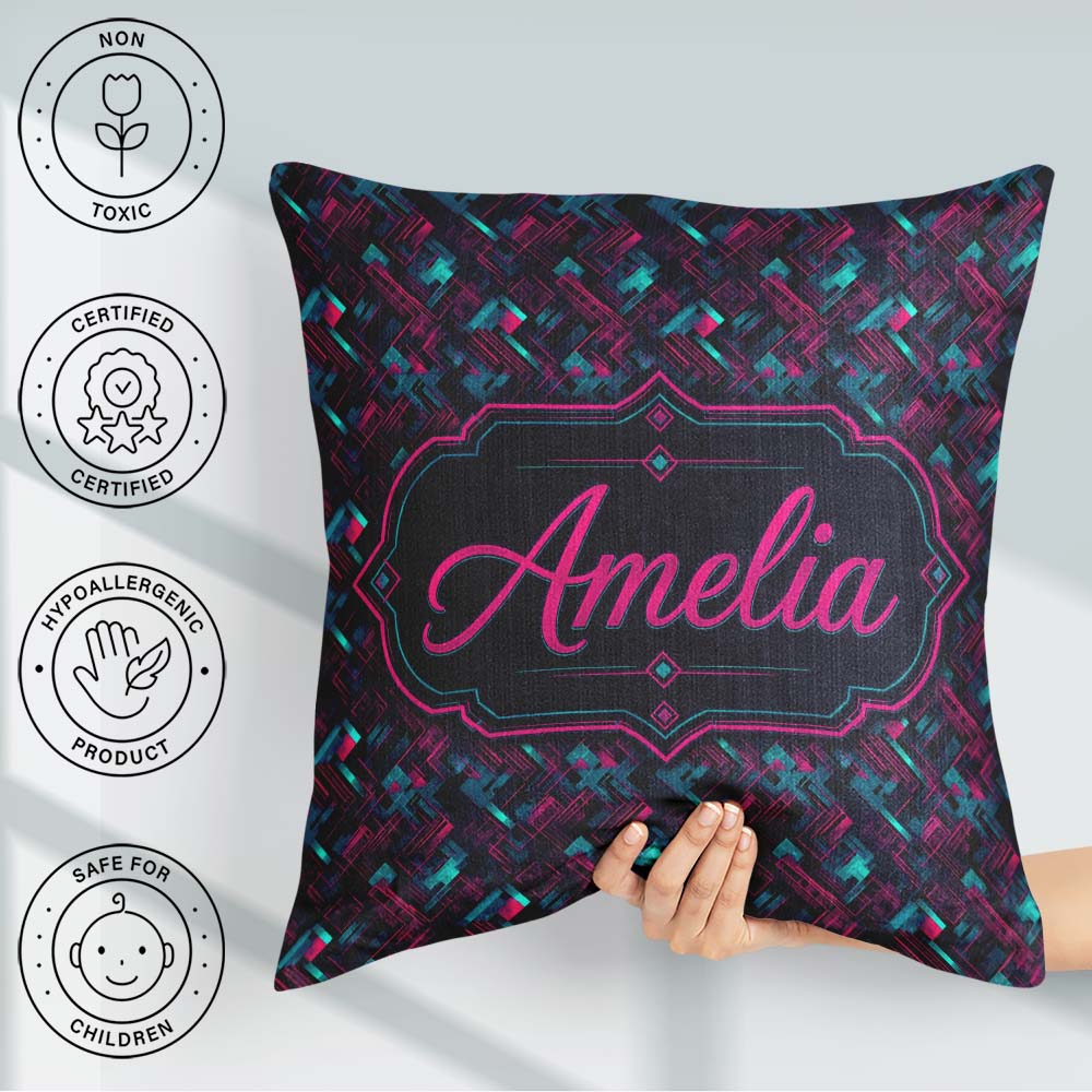 Custom Name Cyberpunk Circuit Geometric Pattern Teal and Magenta Square Filled Cushion Throw Pillow Sofa Bed Home Decor Zip Washable UK Made