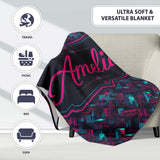 Cyberpunk Circuit Style Geometric Pattern Teal and Magenta Seamless  Personalised Custom Name Super Soft Fleece Blanket Bed Sofa Throw