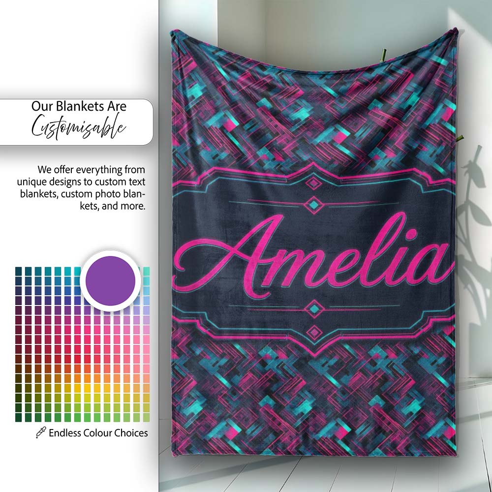 Cyberpunk Circuit Style Geometric Pattern Teal and Magenta Seamless  Personalised Custom Name Super Soft Fleece Blanket Bed Sofa Throw