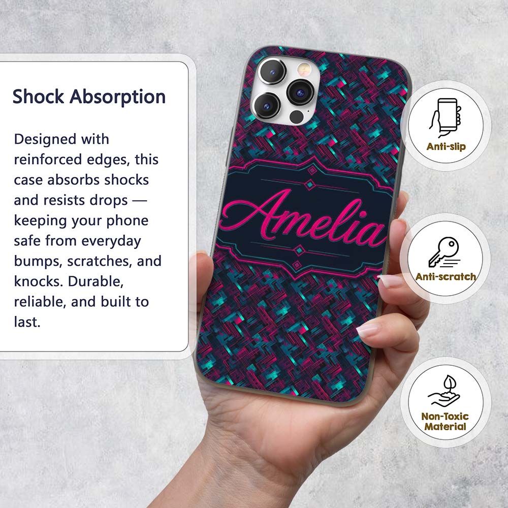 Cyberpunk Circuit Style Geometric Pattern Teal Custom Name Protective Phone Case Mobile Cover Durable Everyday Smartphone Shock Resistant