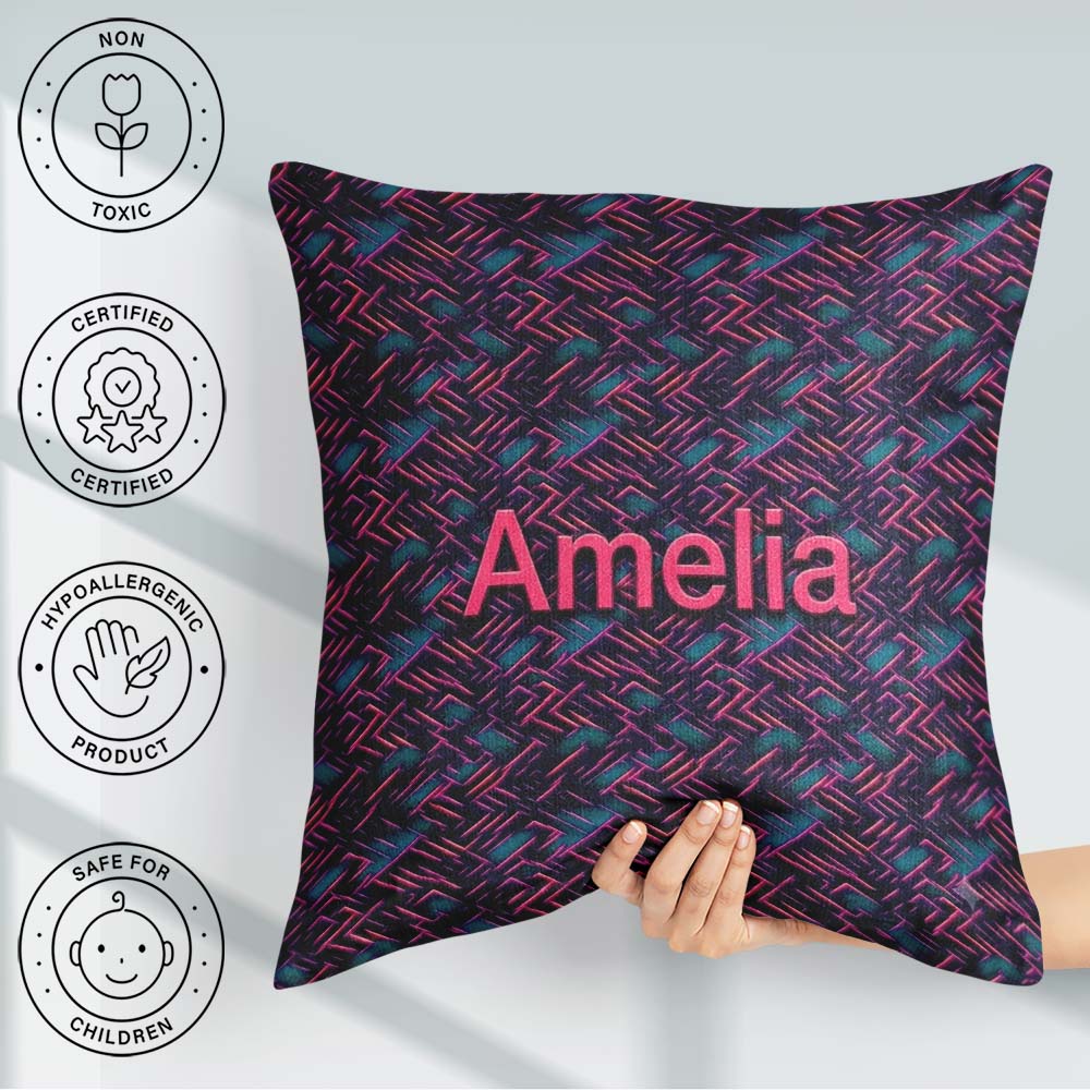Custom Name Abstract Neon Zigzag Texture Pattern Dark Background Square Filled Cushion Throw Pillow Sofa Bed Home Decor Zip Washable UK Made