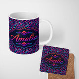 Personalized Custom Name Colorful Neon Mountain Grid Pattern Retro Futuristic Seamless 11oz Ceramic Coffee Tea Mug White Large Handle
