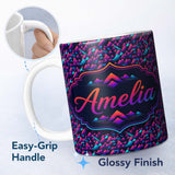 Personalized Custom Name Colorful Neon Mountain Grid Pattern Retro Futuristic Seamless 11oz Ceramic Coffee Tea Mug White Large Handle