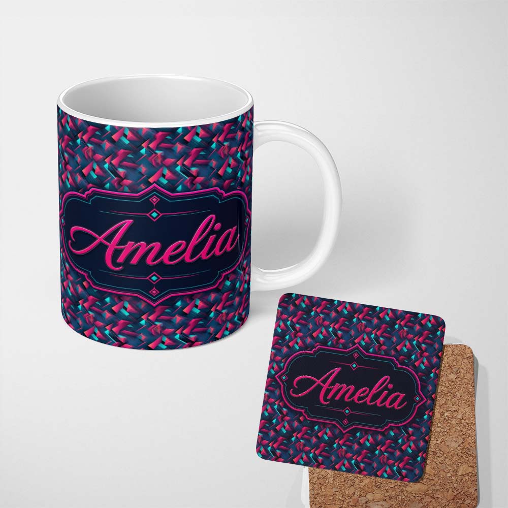 Personalized Custom Name Abstract Neon Polygon Shapes Pattern Dynamic Geometric Seamless 11oz Ceramic Coffee Tea Mug White Large Handle