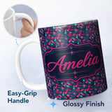 Personalized Custom Name Abstract Neon Polygon Shapes Pattern Dynamic Geometric Seamless 11oz Ceramic Coffee Tea Mug White Large Handle