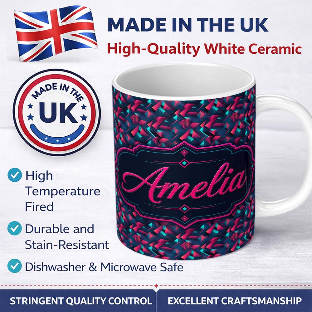 Personalized Custom Name Abstract Neon Polygon Shapes Pattern Dynamic Geometric Seamless 11oz Ceramic Coffee Tea Mug White Large Handle