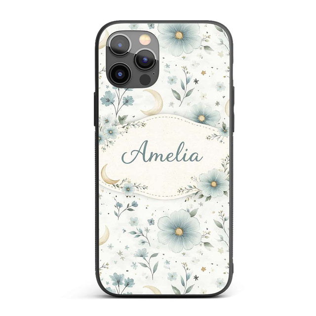 Blue Floral Moon Seamless Pattern Printed Design Custom Name Protective Phone Case Mobile Cover Durable Everyday Smartphone Shock Resistant