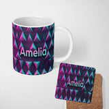 Personalized Custom Name Vibrant Neon Triangular Landscape Seamless Pattern Retro Futuristic 11oz Ceramic Coffee Tea Mug White Large Handle