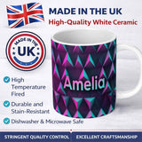 Personalized Custom Name Vibrant Neon Triangular Landscape Seamless Pattern Retro Futuristic 11oz Ceramic Coffee Tea Mug White Large Handle