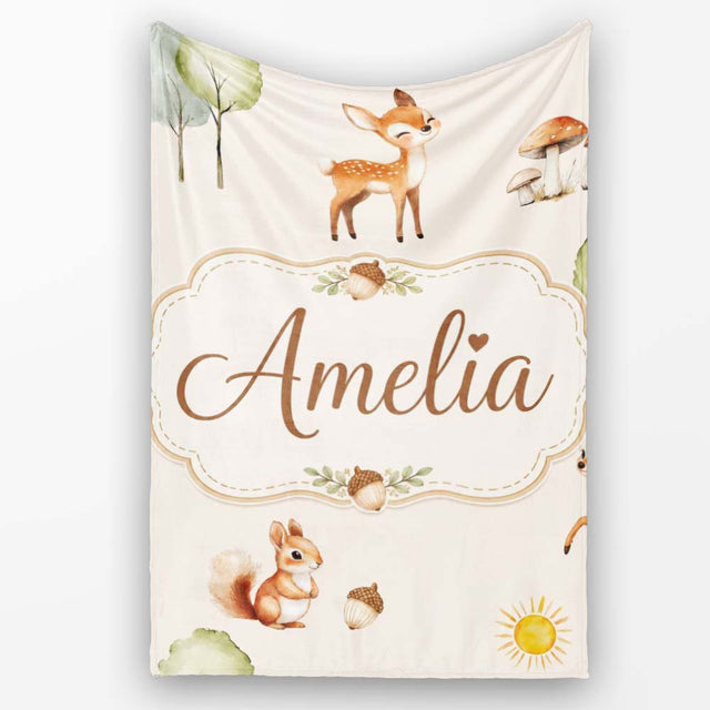 Cute Woodland Deer Fox Mushroom Seamless Pattern on Soft Beige  Personalised Custom Name Super Soft Fleece Blanket Bed Sofa Throw