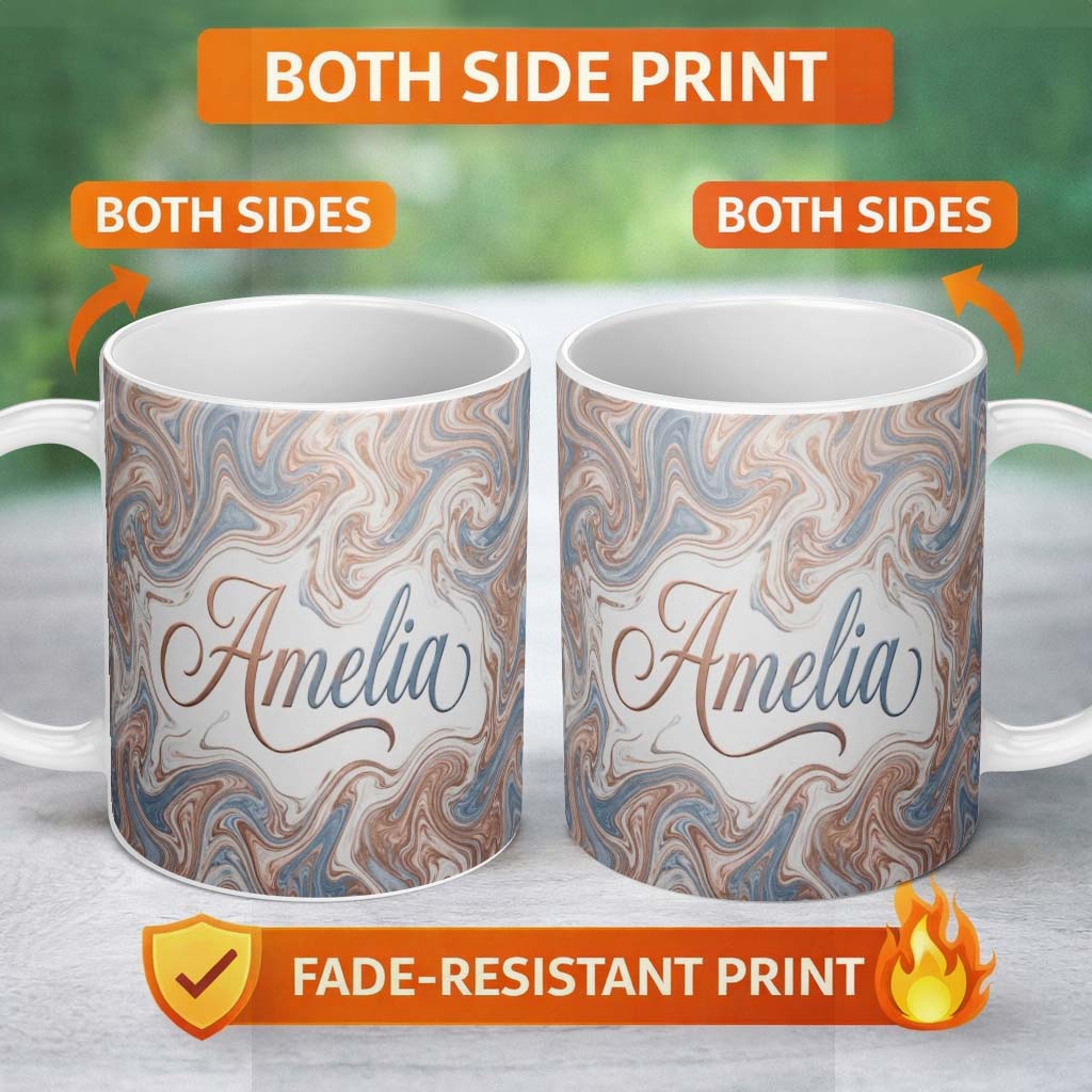 Personalized Custom Name Soft Pastel Marble Swirl Abstract Seamless Pattern Elegant Fluid 11oz Ceramic Coffee Tea Mug White Large Handle