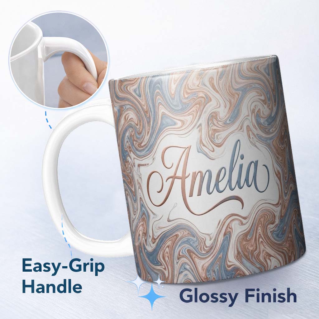 Personalized Custom Name Soft Pastel Marble Swirl Abstract Seamless Pattern Elegant Fluid 11oz Ceramic Coffee Tea Mug White Large Handle