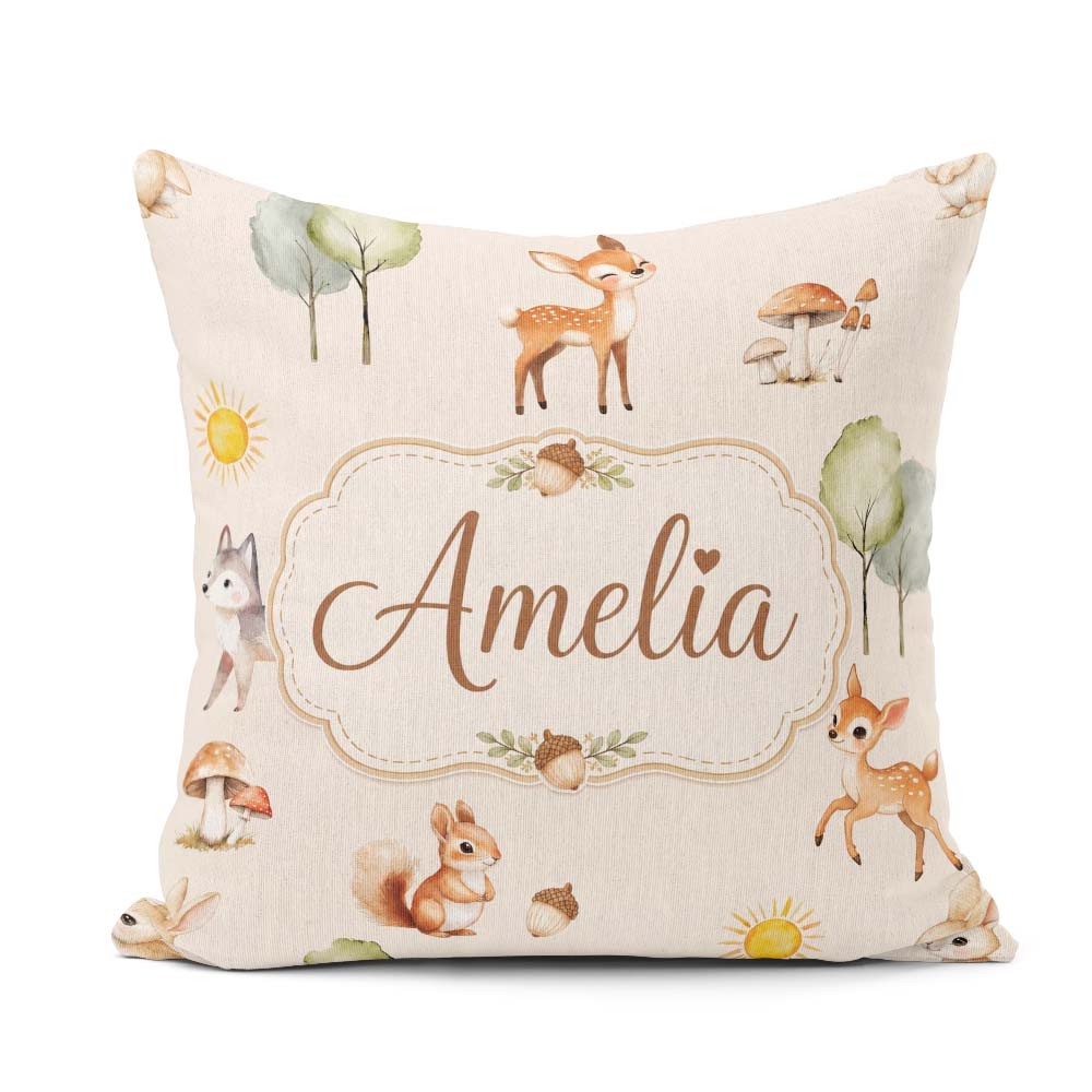 Custom Name Woodland Deer Fox Mushroom Seamless Pattern on Beige Square Filled Cushion Throw Pillow Sofa Bed Home Decor Zip Washable UK Made