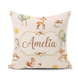 Custom Name Woodland Deer Fox Mushroom Seamless Pattern on Beige Square Filled Cushion Throw Pillow Sofa Bed Home Decor Zip Washable UK Made