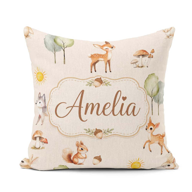 Custom Name Woodland Deer Fox Mushroom Seamless Pattern on Beige Square Filled Cushion Throw Pillow Sofa Bed Home Decor Zip Washable UK Made