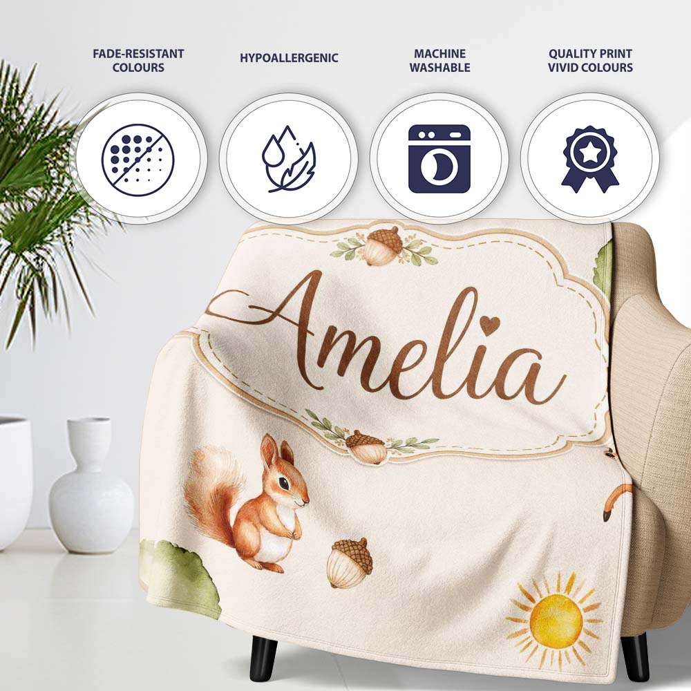 Cute Woodland Deer Fox Mushroom Seamless Pattern on Soft Beige  Personalised Custom Name Super Soft Fleece Blanket Bed Sofa Throw
