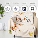 Cute Woodland Deer Fox Mushroom Seamless Pattern on Soft Beige  Personalised Custom Name Super Soft Fleece Blanket Bed Sofa Throw