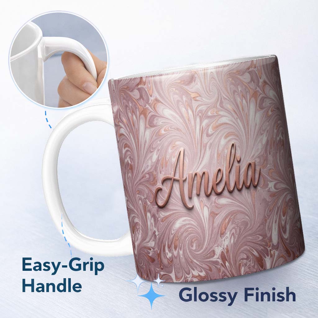 Personalized Custom Name Blush Pink Marble Flow Abstract Seamless Pattern Luxury Fluid 11oz Ceramic Coffee Tea Mug White Large Handle