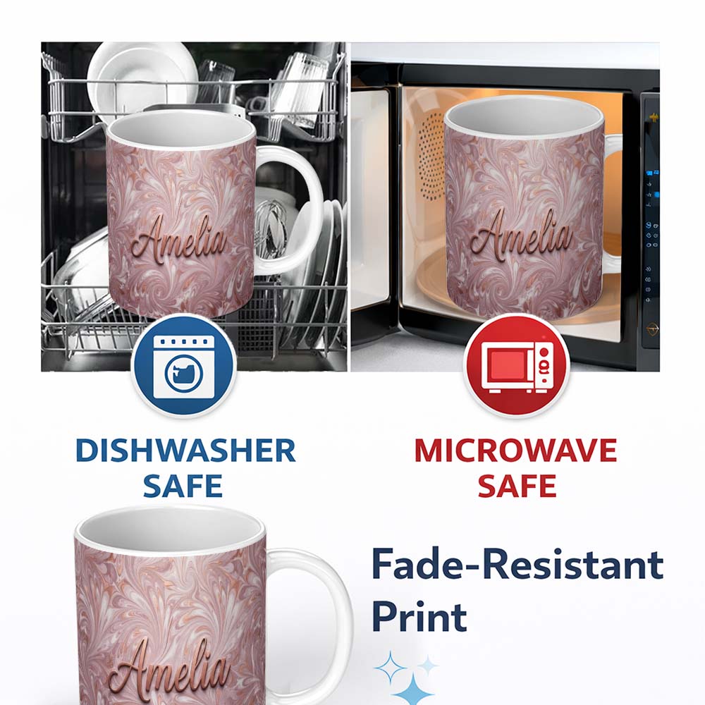 Personalized Custom Name Blush Pink Marble Flow Abstract Seamless Pattern Luxury Fluid 11oz Ceramic Coffee Tea Mug White Large Handle