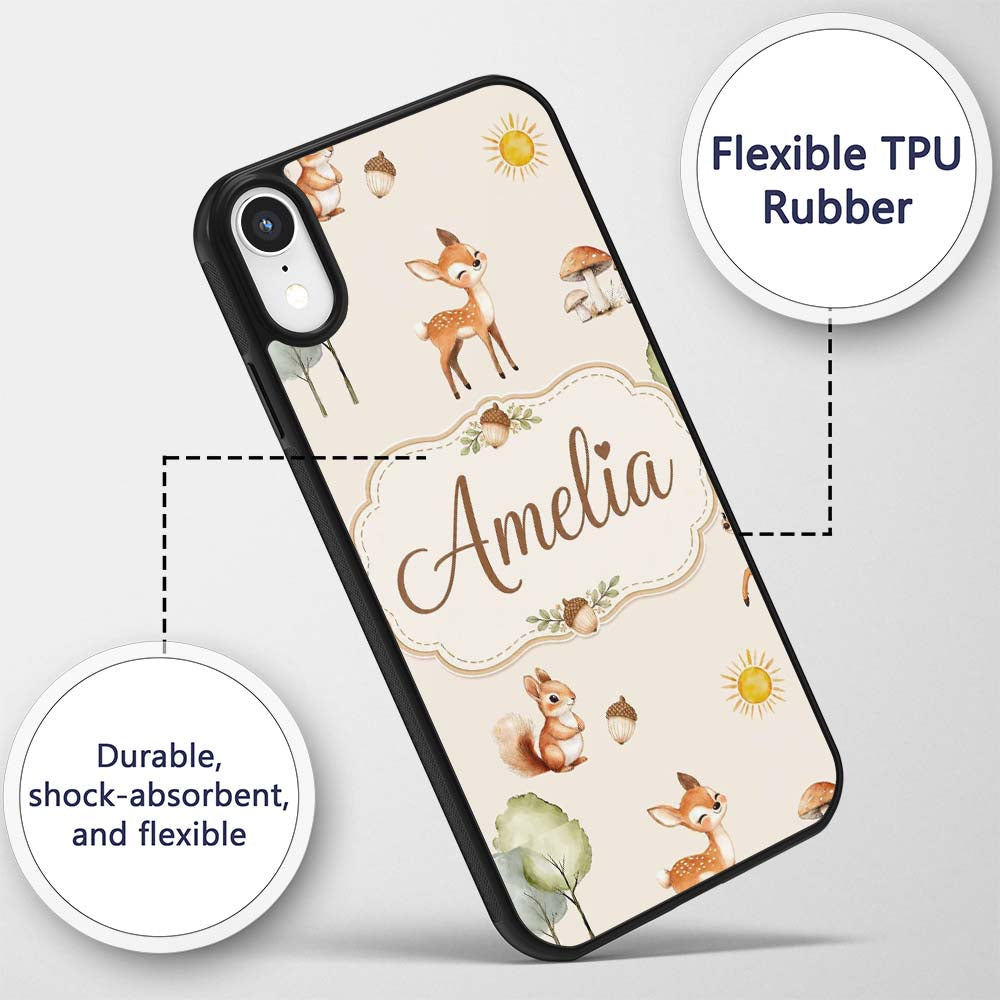 Cute Woodland Deer Fox Mushroom Seamless Pattern Custom Name Protective Phone Case Mobile Cover Durable Everyday Smartphone Shock Resistant