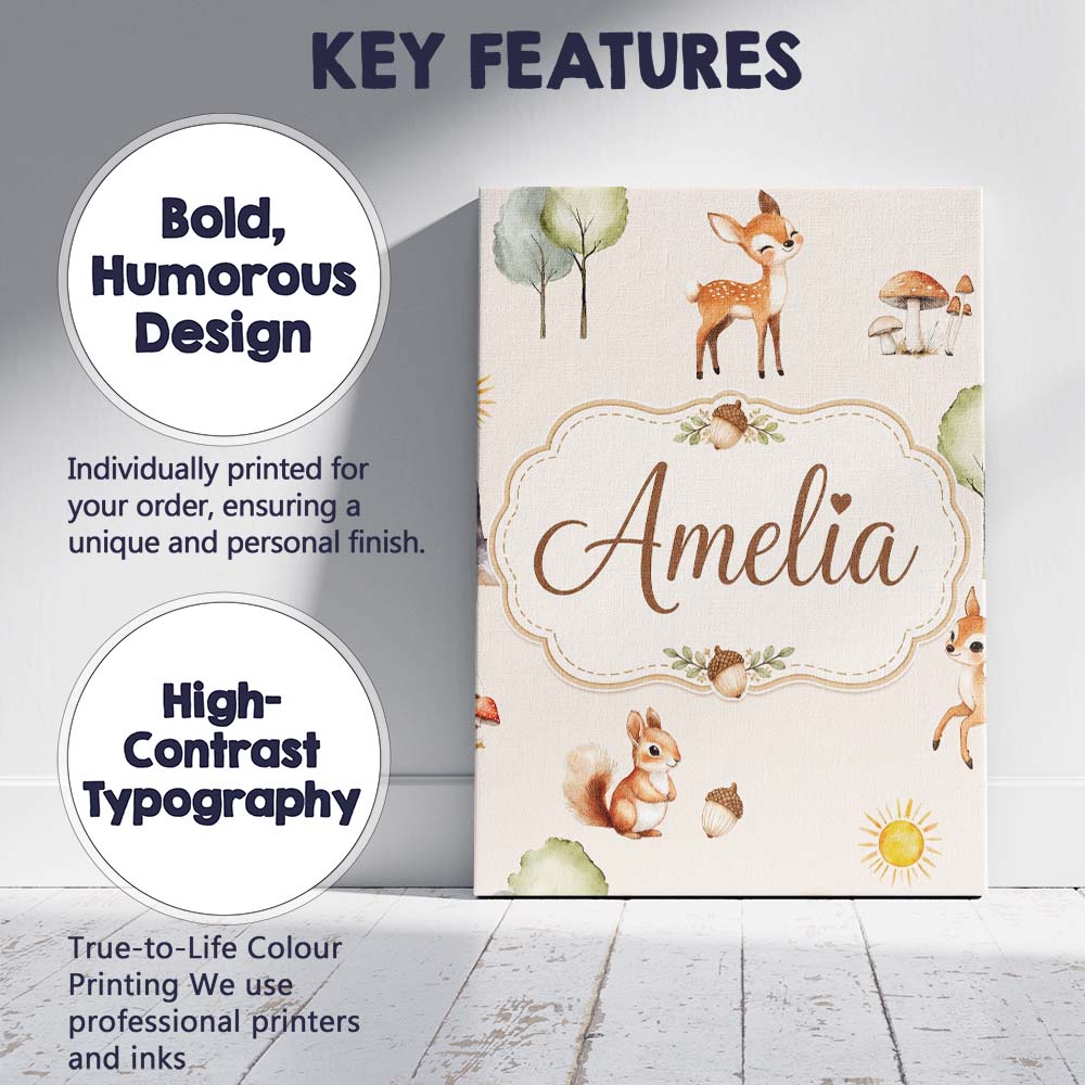 Personalised Name Cute Woodland Deer Fox Custom  Unique Gift Idea Elegant Feature Canvas Wall Art Print Decor Picture Ready to Hang