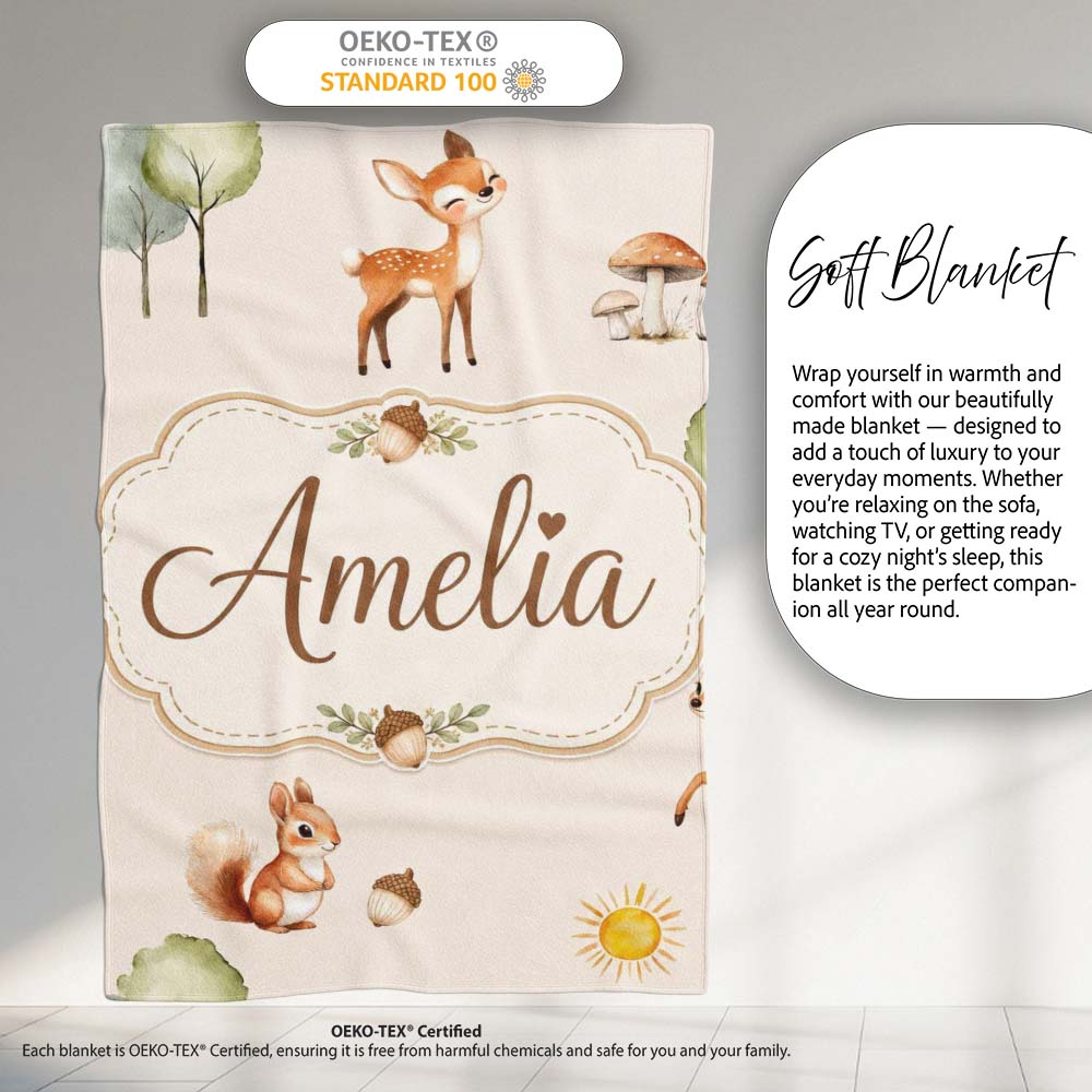 Cute Woodland Deer Fox Mushroom Seamless Pattern on Soft Beige  Personalised Custom Name Super Soft Fleece Blanket Bed Sofa Throw