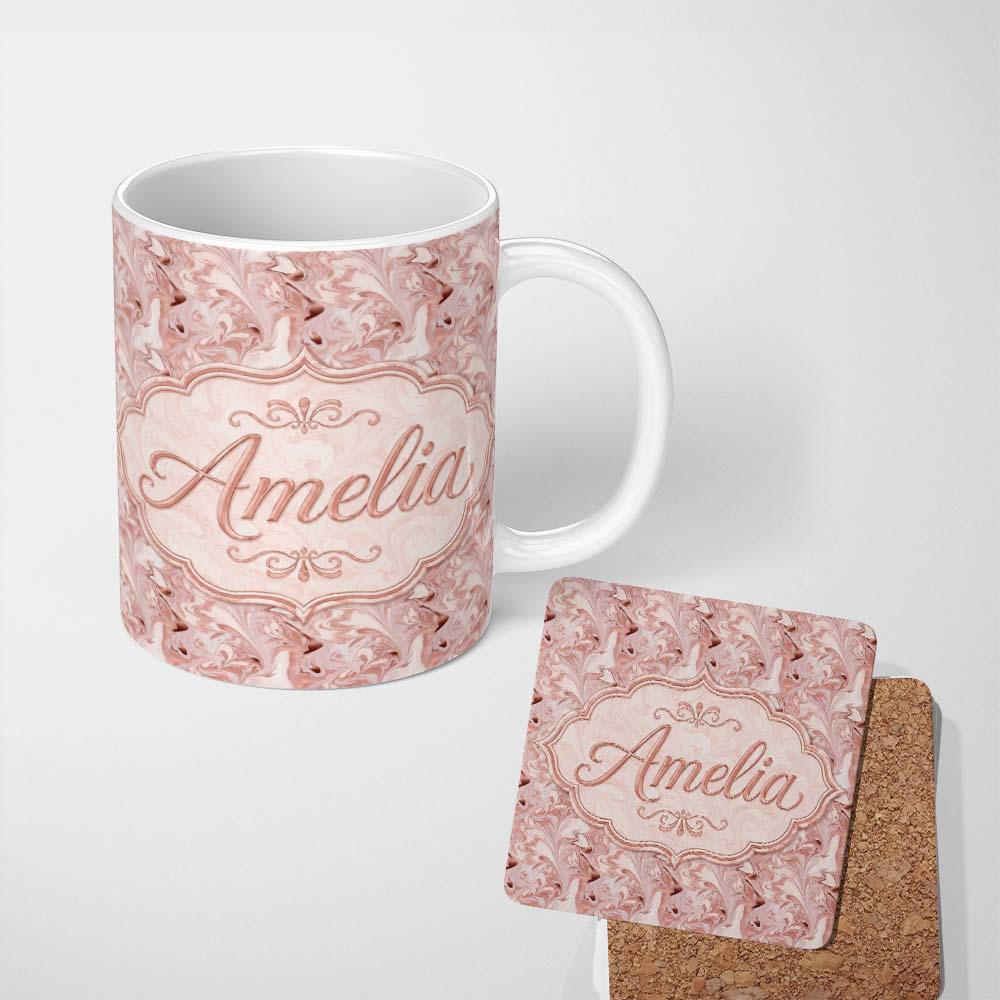 Personalized Custom Name Delicate Rose Marble Swirl Seamless Pattern Soft Feminine Fluid Art 11oz Ceramic Coffee Tea Mug White Large Handle