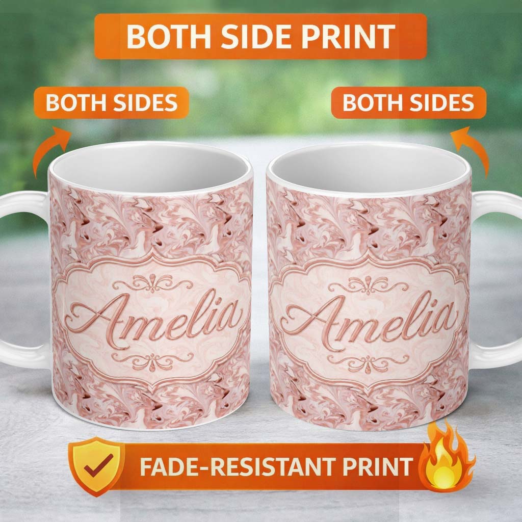 Personalized Custom Name Delicate Rose Marble Swirl Seamless Pattern Soft Feminine Fluid Art 11oz Ceramic Coffee Tea Mug White Large Handle