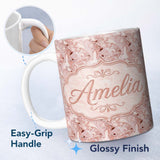 Personalized Custom Name Delicate Rose Marble Swirl Seamless Pattern Soft Feminine Fluid Art 11oz Ceramic Coffee Tea Mug White Large Handle