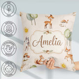 Custom Name Woodland Deer Fox Mushroom Seamless Pattern on Beige Square Filled Cushion Throw Pillow Sofa Bed Home Decor Zip Washable UK Made