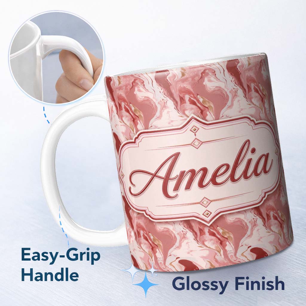 Personalized Custom Name Bold Red Pink Marble Abstract Seamless Pattern Dynamic Fluid 11oz Ceramic Coffee Tea Mug White Large Handle