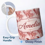 Personalized Custom Name Bold Red Pink Marble Abstract Seamless Pattern Dynamic Fluid 11oz Ceramic Coffee Tea Mug White Large Handle