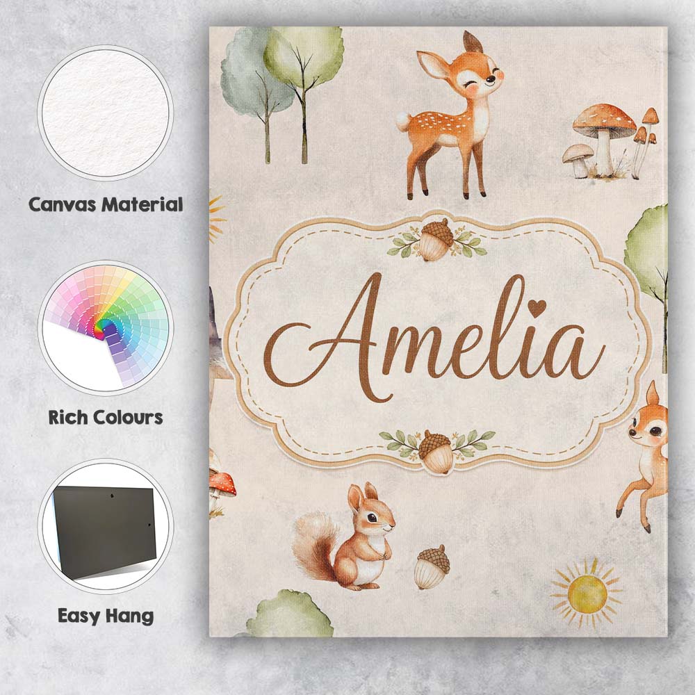 Personalised Name Cute Woodland Deer Fox Custom  Unique Gift Idea Elegant Feature Canvas Wall Art Print Decor Picture Ready to Hang