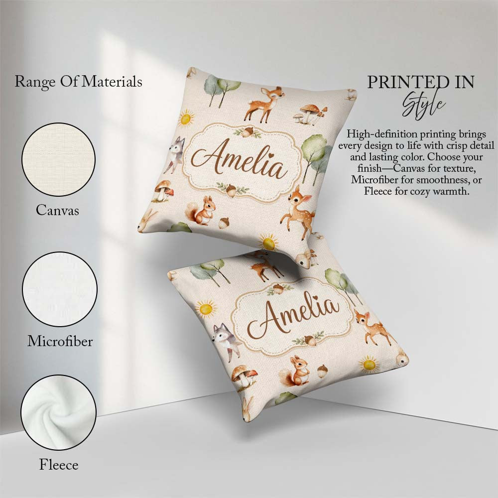 Custom Name Woodland Deer Fox Mushroom Seamless Pattern on Beige Square Filled Cushion Throw Pillow Sofa Bed Home Decor Zip Washable UK Made