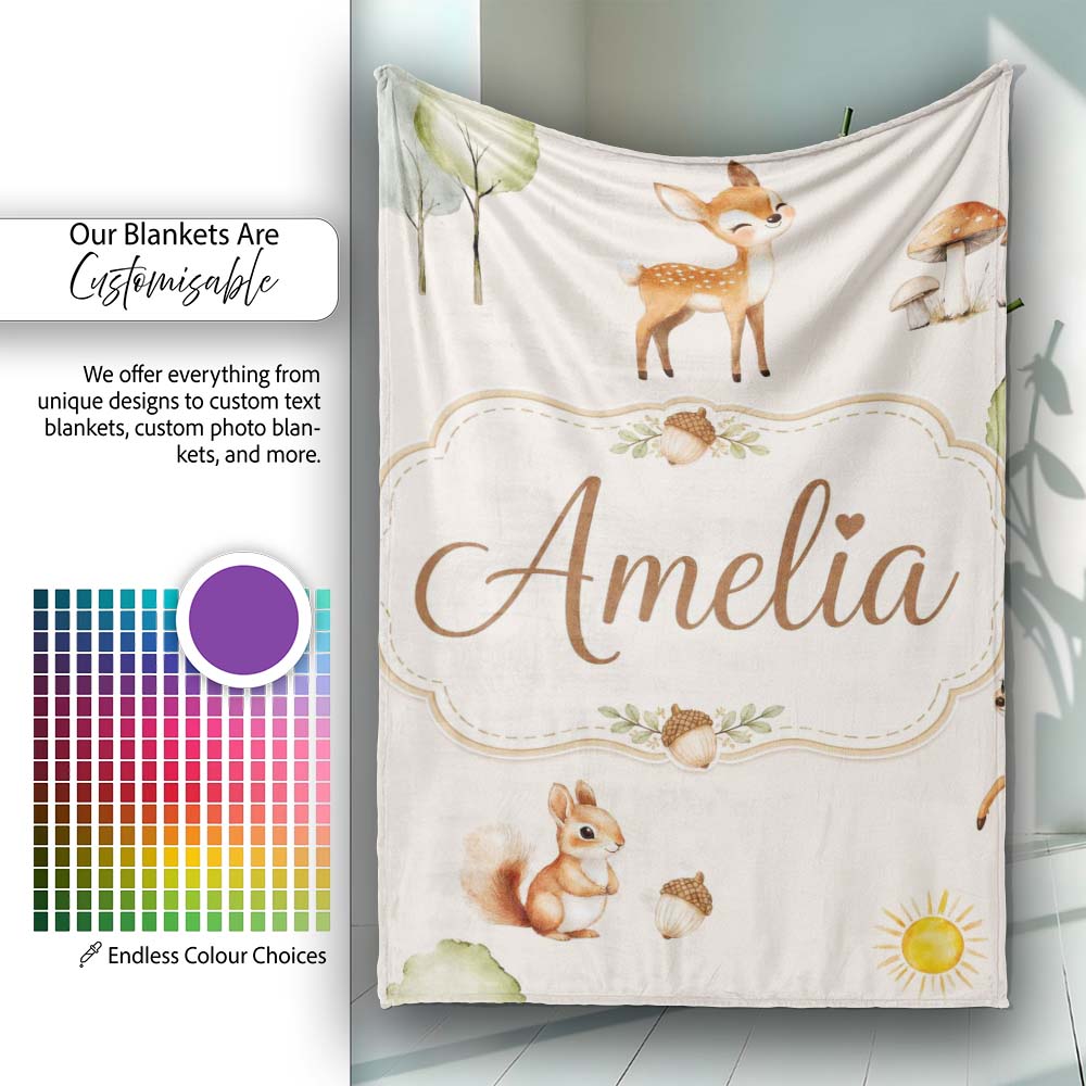Cute Woodland Deer Fox Mushroom Seamless Pattern on Soft Beige  Personalised Custom Name Super Soft Fleece Blanket Bed Sofa Throw