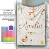 Cute Woodland Deer Fox Mushroom Seamless Pattern on Soft Beige  Personalised Custom Name Super Soft Fleece Blanket Bed Sofa Throw