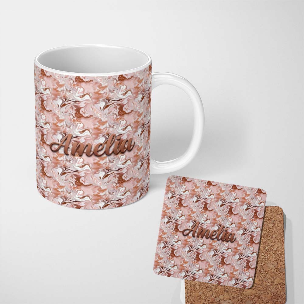 Personalized Custom Name Warm Terracotta Marble Swirl Seamless Pattern Earthy Fluid Design 11oz Ceramic Coffee Tea Mug White Large Handle