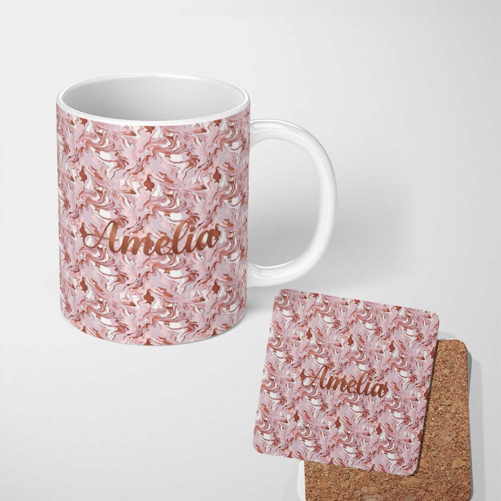 Personalized Custom Name Muted Pink Marble Flow Abstract Seamless Pattern Soft Fluid Texture 11oz Ceramic Coffee Tea Mug White Large Handle