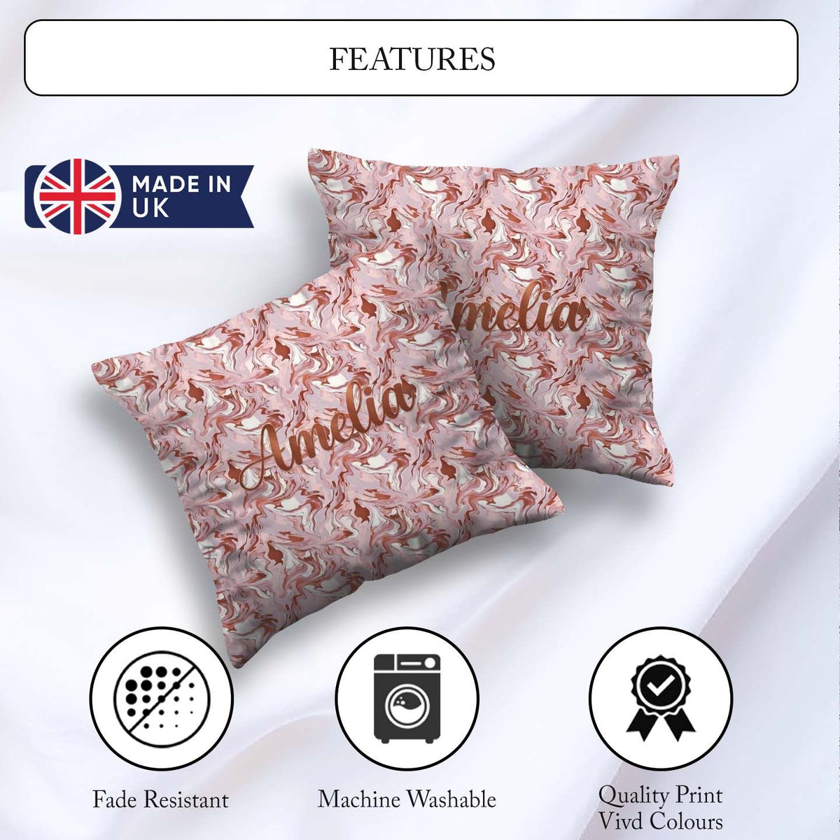 Custom Name Muted Pink Flow Abstract Seamless Pattern Soft Fluid Square Filled Cushion Throw Pillow Sofa Bed Home Decor Zip Washable UK Made
