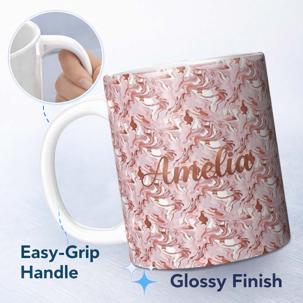 Personalized Custom Name Muted Pink Marble Flow Abstract Seamless Pattern Soft Fluid Texture 11oz Ceramic Coffee Tea Mug White Large Handle