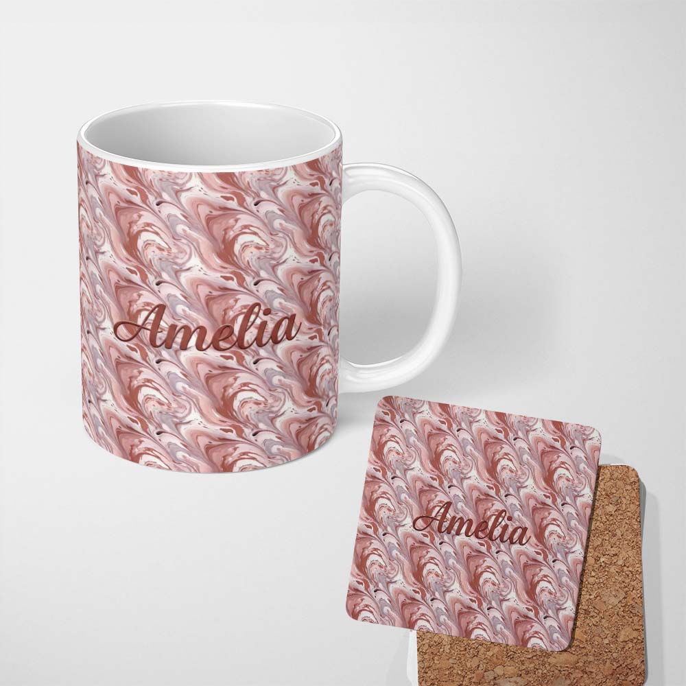 Personalized Custom Name Elegant Blush Marble Swirl Seamless Pattern Gentle Fluid Abstract 11oz Ceramic Coffee Tea Mug White Large Handle