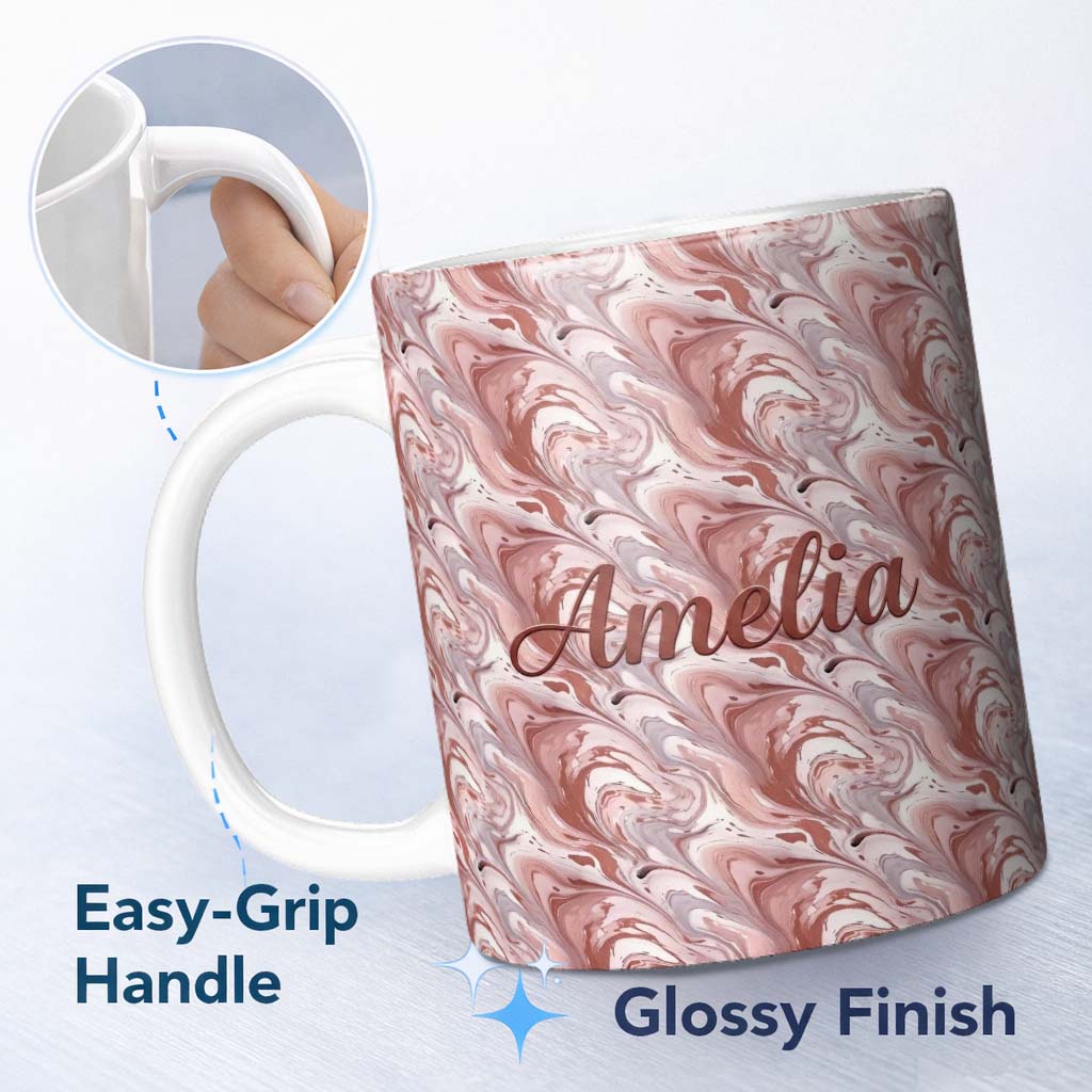 Personalized Custom Name Elegant Blush Marble Swirl Seamless Pattern Gentle Fluid Abstract 11oz Ceramic Coffee Tea Mug White Large Handle