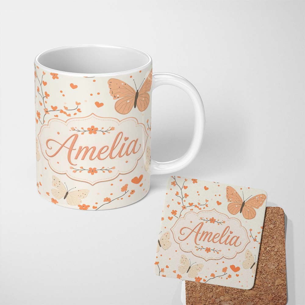 Personalized Custom Name Delicate Butterfly Floral Hearts Seamless Pattern Soft Beige 11oz Ceramic Coffee Tea Mug White Large Handle