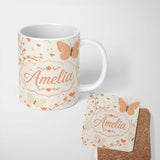 Personalized Custom Name Delicate Butterfly Floral Hearts Seamless Pattern Soft Beige 11oz Ceramic Coffee Tea Mug White Large Handle