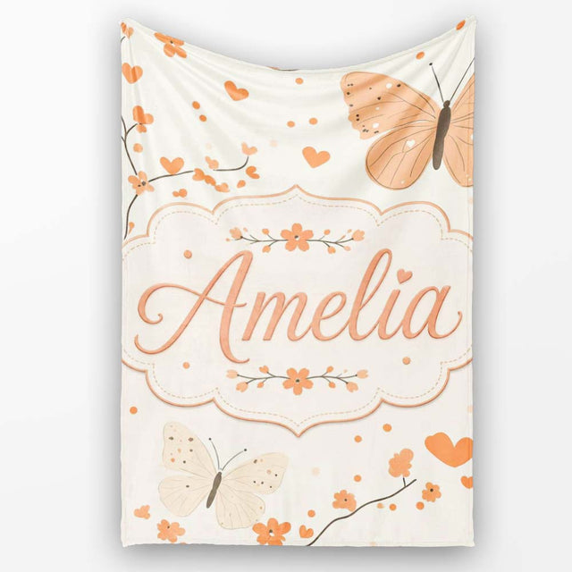 Delicate Butterfly Floral Hearts Seamless Pattern Soft Beige  Personalised Custom Name Super Soft Fleece Blanket Bed Sofa Throw