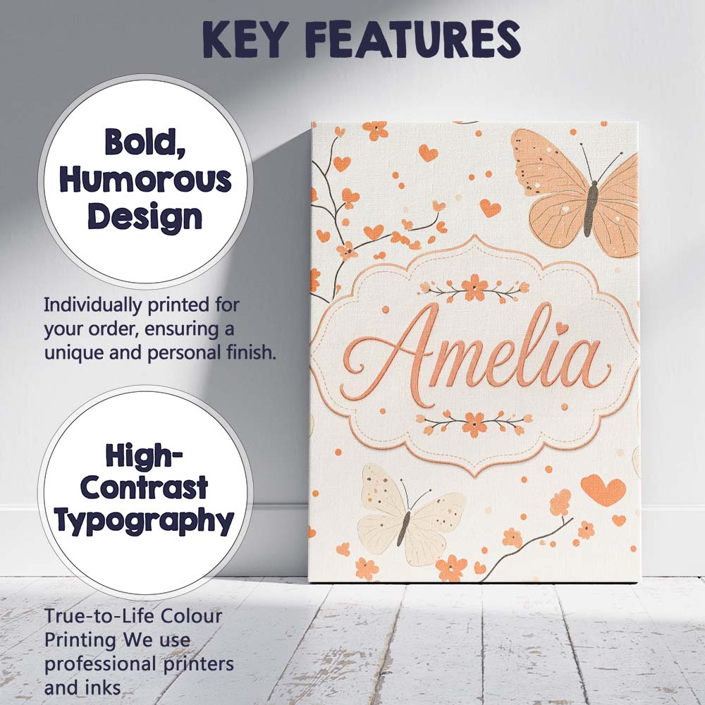 Personalised Name Delicate Butterfly Floral Custom  Bespoke Interior Contemporary Canvas Wall Art Print Decor Picture Ready to Hang