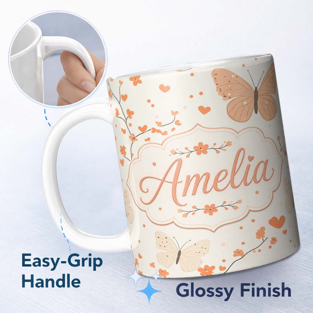 Personalized Custom Name Delicate Butterfly Floral Hearts Seamless Pattern Soft Beige 11oz Ceramic Coffee Tea Mug White Large Handle